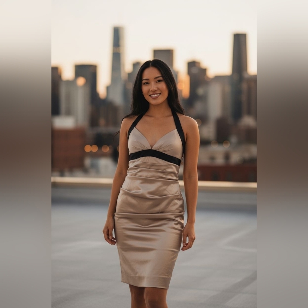 LIKE NEW Nicole Miller Champagne Ruched Bodycon Satin Halter Dress XS